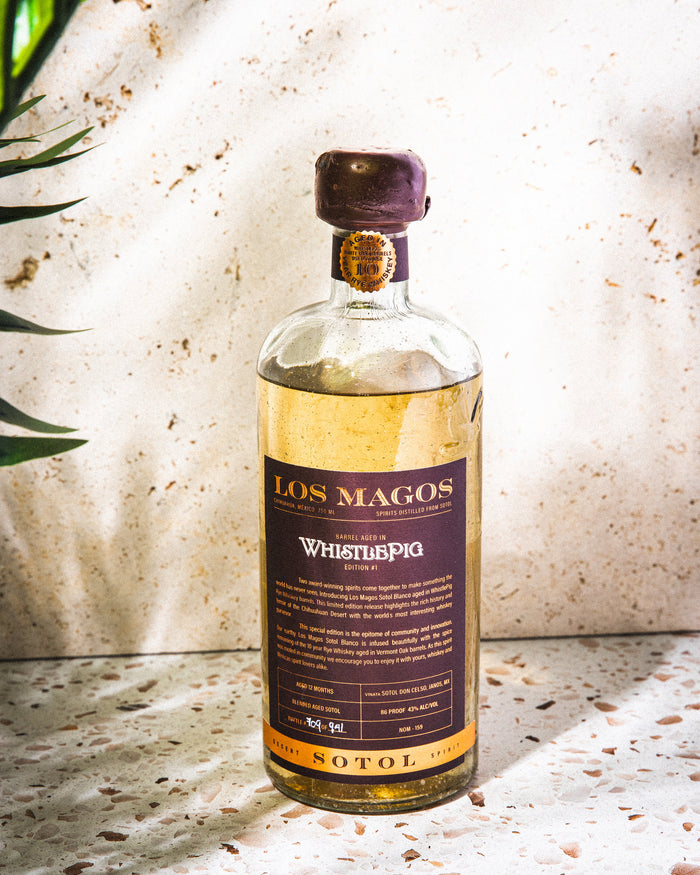 Bottle of Los Magos WhistlePig Edition #1 barrel aged sotol in afternoon light on a terrazzo surface beside a desert plant