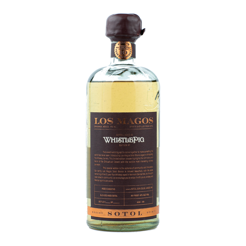 Los Magos WhistlePig Edition #1 750ml bottle, barrel aged sotol with a wax-dipped cap and 10 Year Rye Whiskey seal