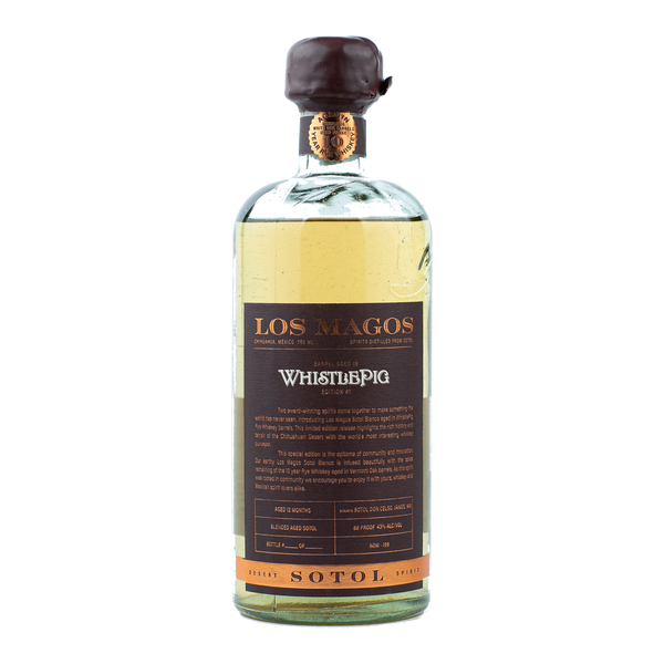 Los Magos WhistlePig Edition #1 750ml bottle, barrel aged sotol with a wax-dipped cap and 10 Year Rye Whiskey seal